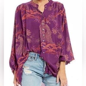Free People Sz XS Purple Pink Oversized Peacock Print Metallic Blooms Boho Shirt
